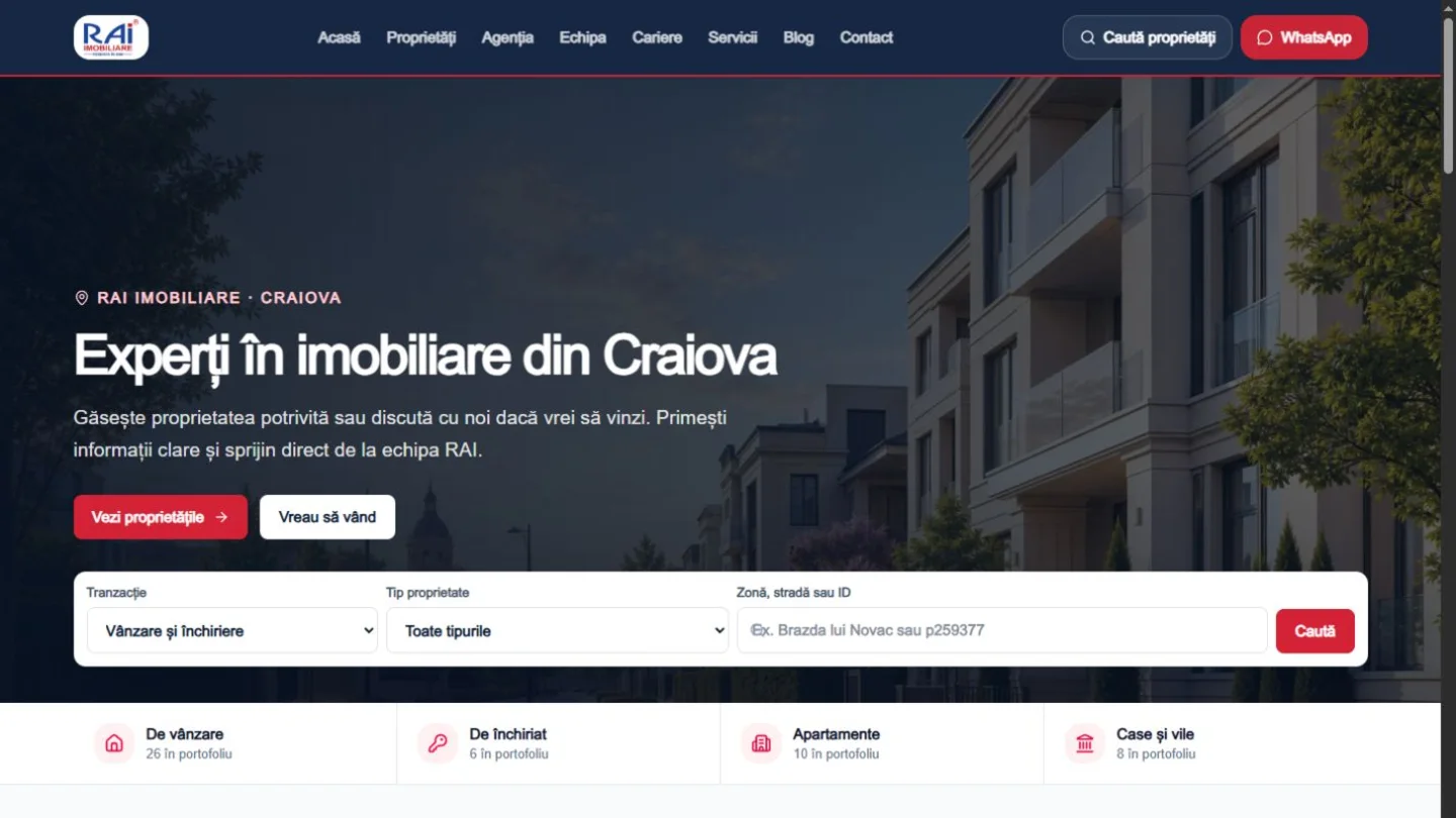Site-ul RAI Imobiliare cu filtrare după tranzacție, tip de proprietate și zonă
